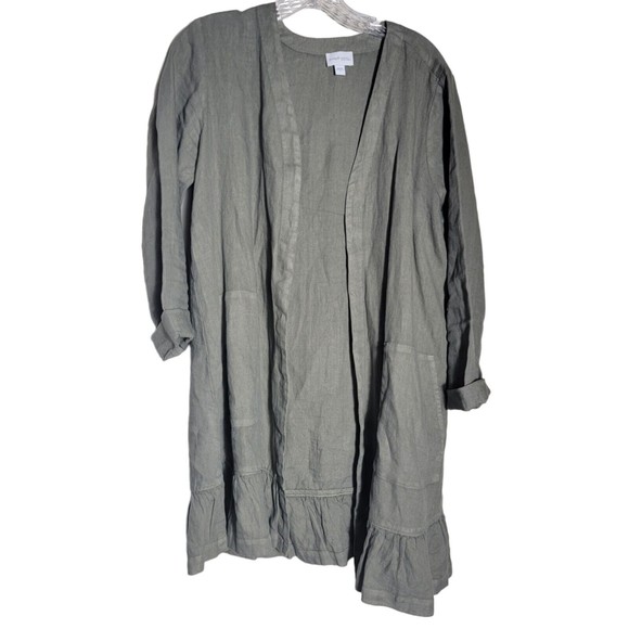 PureJill J. Jill Linen Duster‎ Jacket Olive Green Ruffled Pockets Cottagecore S - Picture 1 of 3